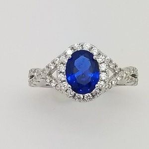 Blue Sapphire White CZ Ring Sz 7